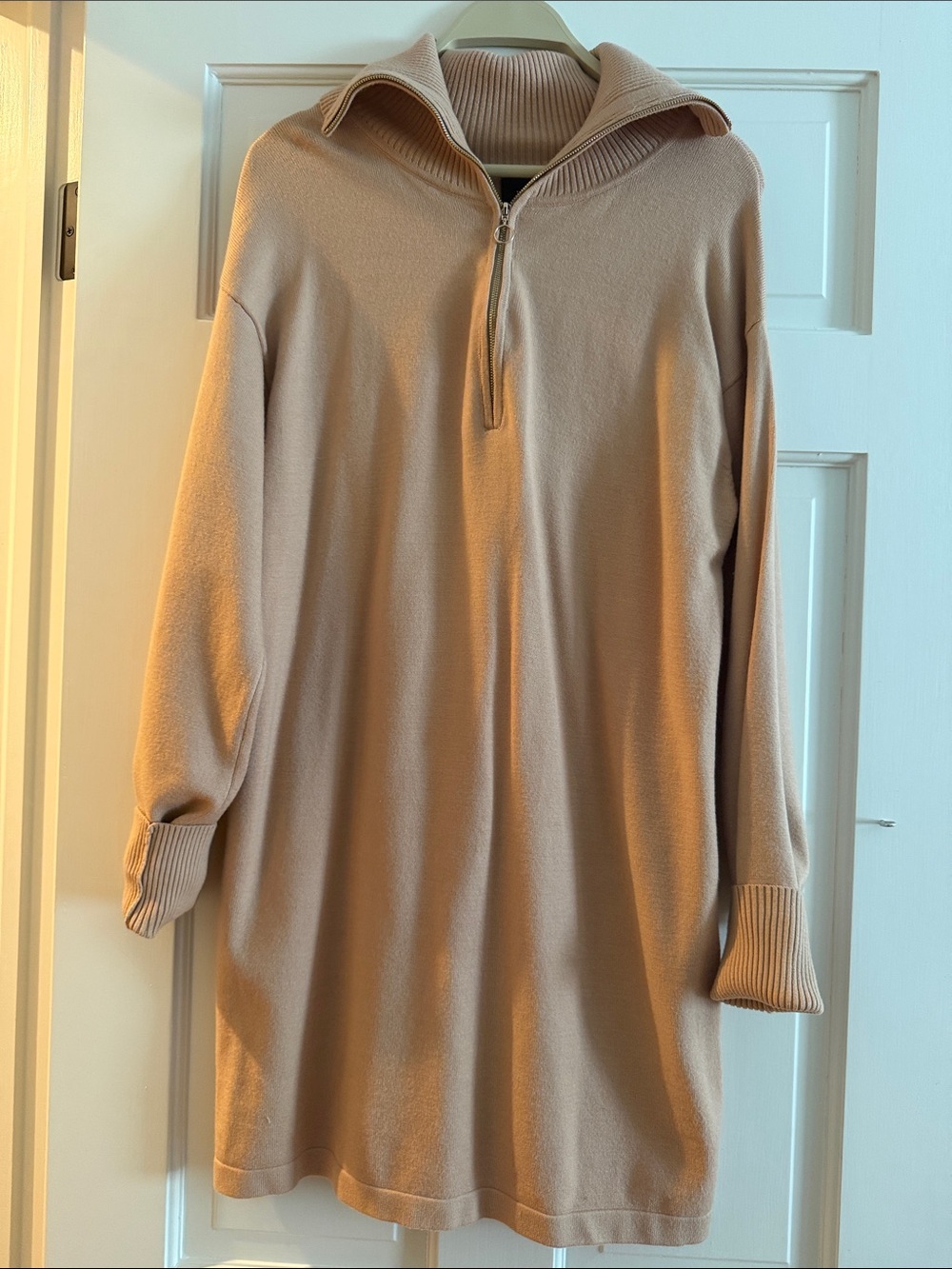 Women's -Zip Collared Sweater dress in Beige